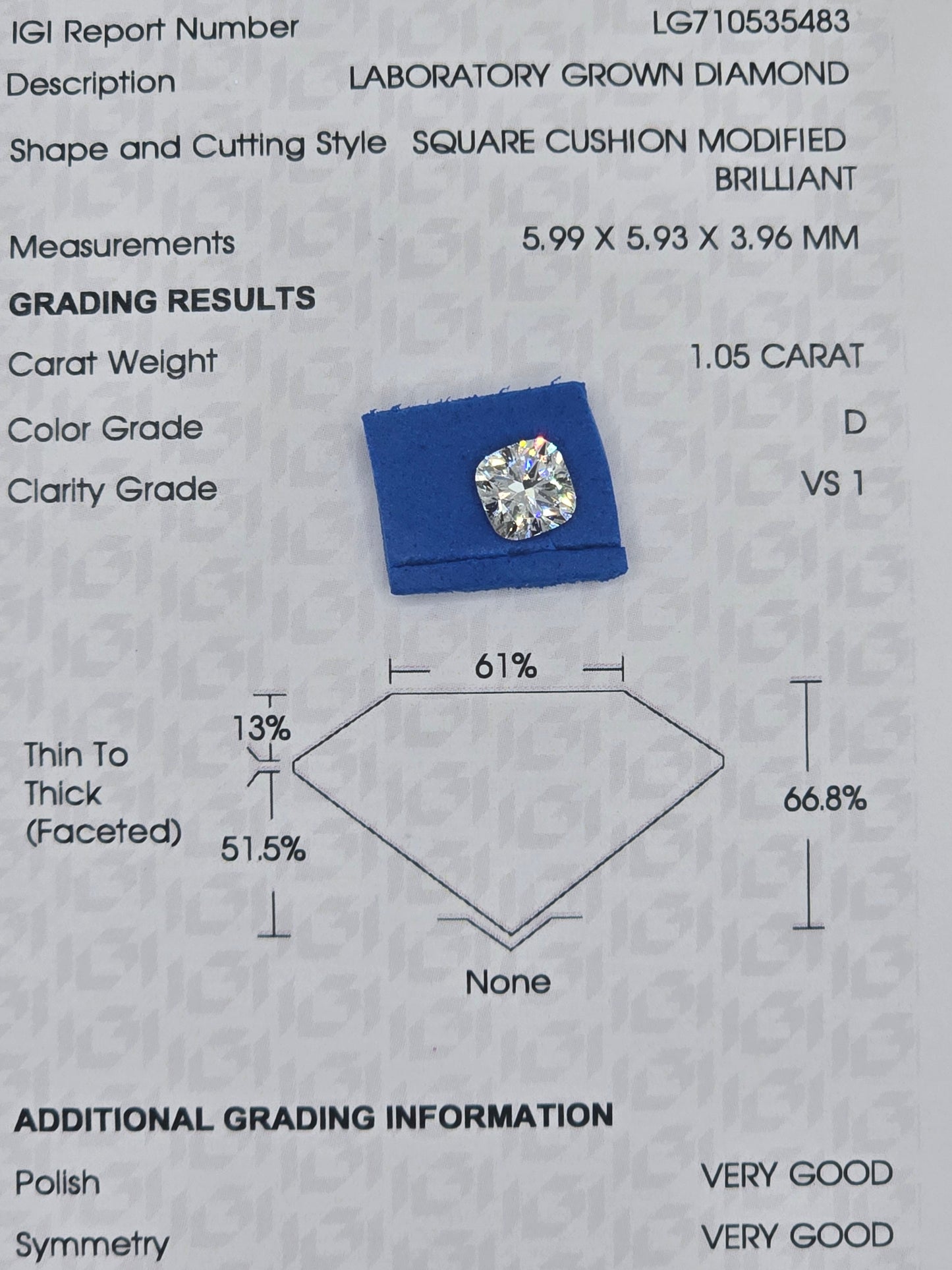 Loose 1.05 Ct D/VS1 Cushion Cut Lab Grown Diamond - IGI Certified