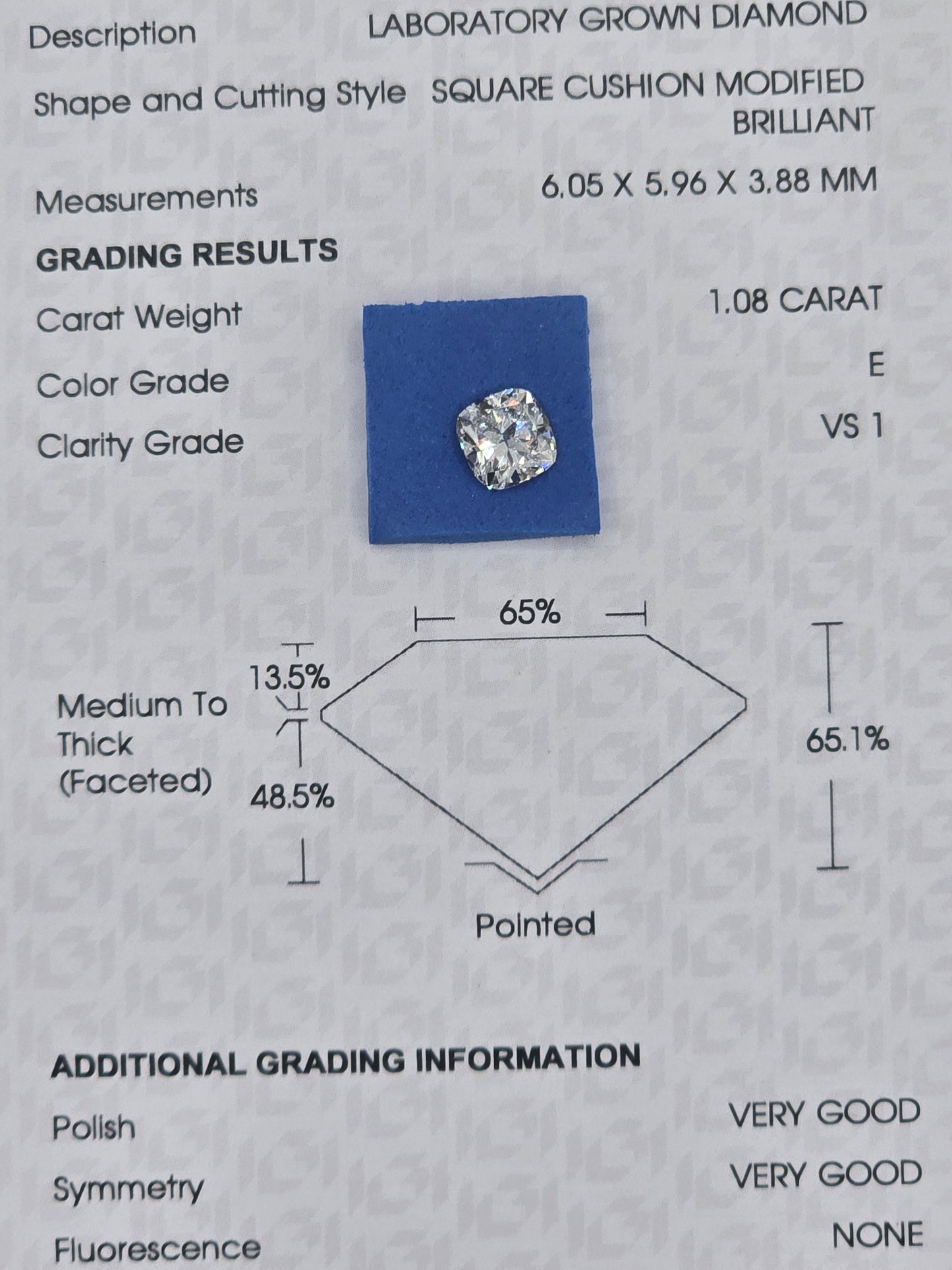 Loose 1.08 Ct E/VS1 Cushion Cut Lab Diamond - IGI Certified