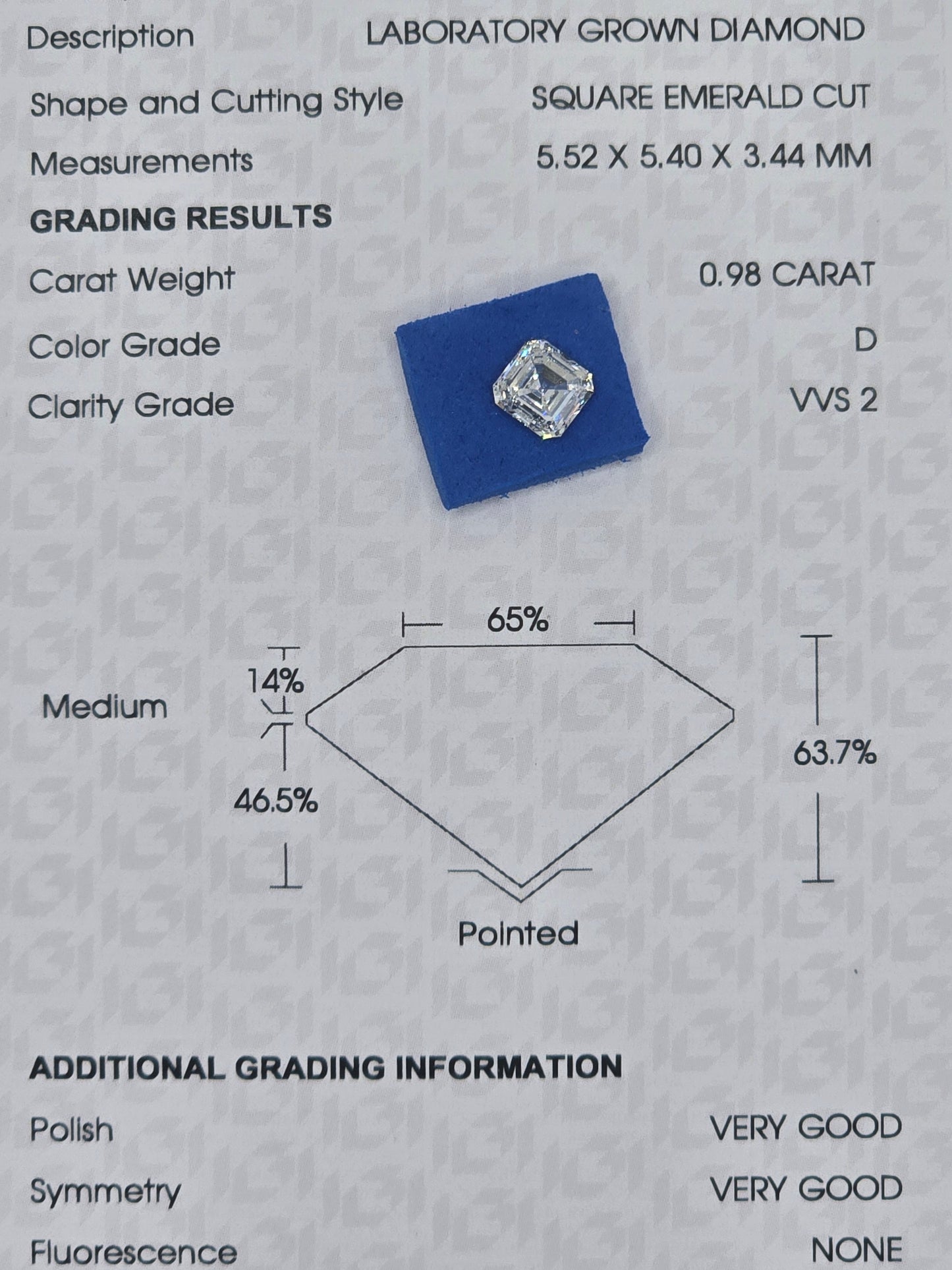 Loose 0.98 Ct D/VVS2 Asscher Cut Lab Grown Diamond - IGI Certified