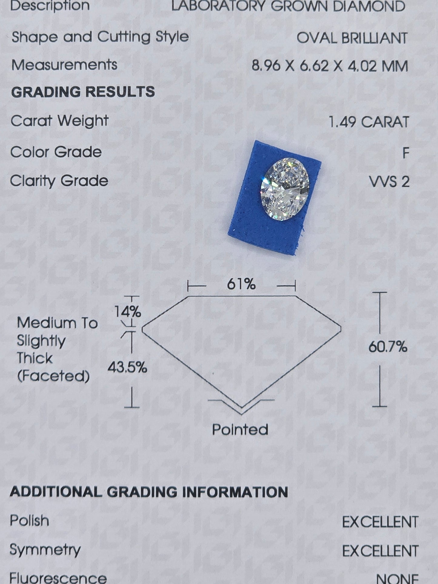 Loose 1.49 Ct F/VVS2 Oval Lab Grown Diamond - IGI Certified