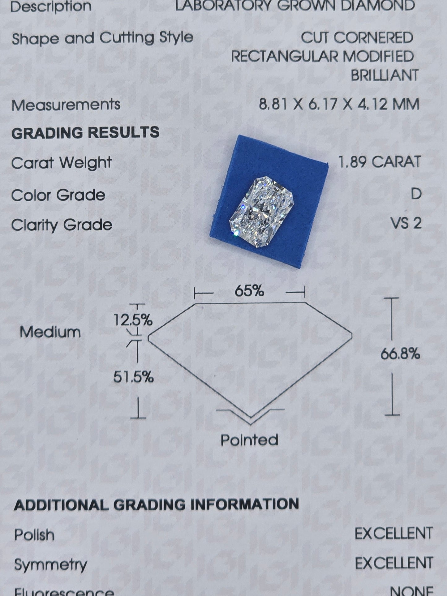 Loose 1.89 Ct D/VS2 Radiant Cut Lab Grown Diamond - IGI Certified