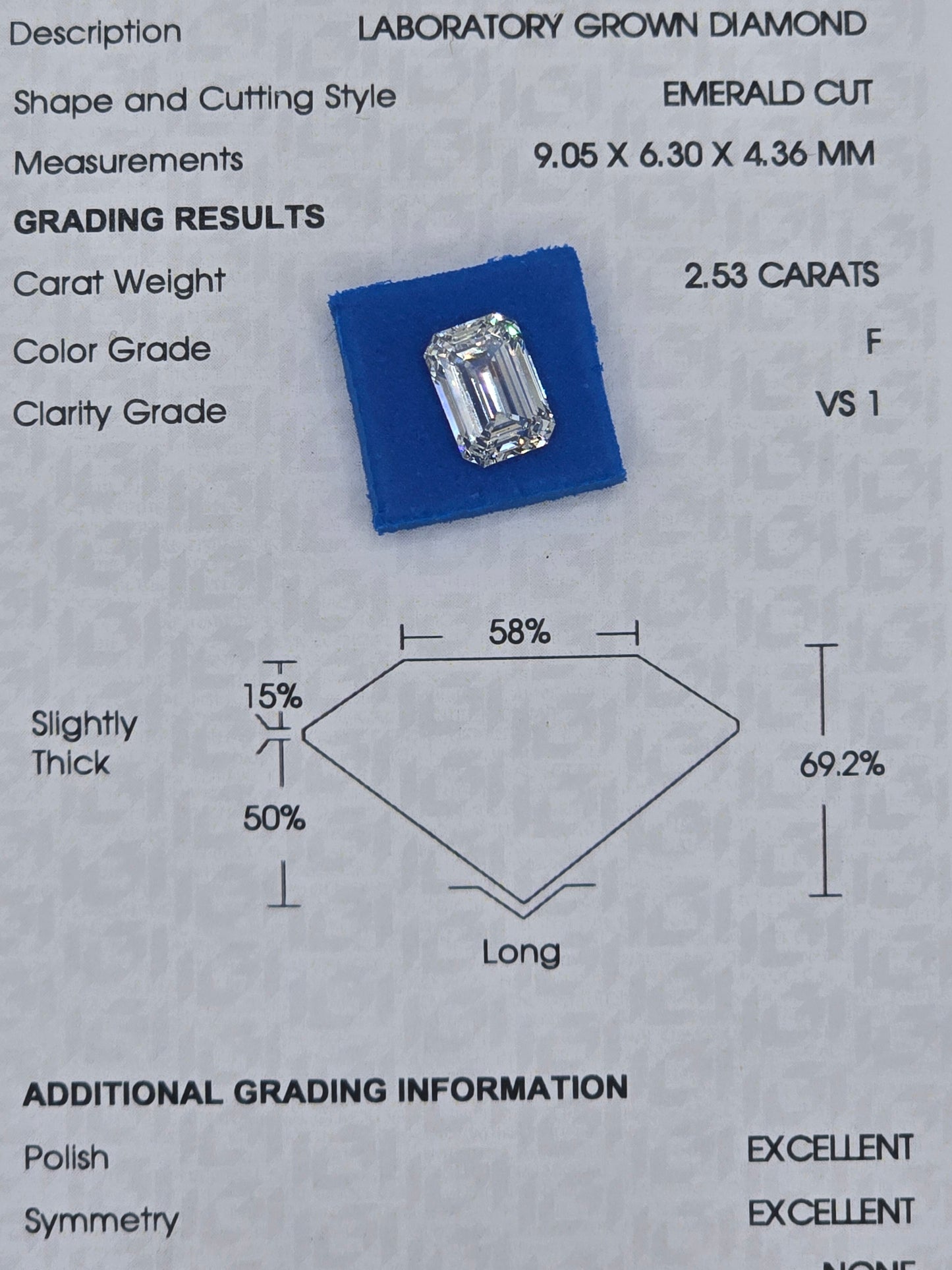 Loose 2.53 Ct F/VS1 Emerald Cut Lab Diamond - IGI Certified