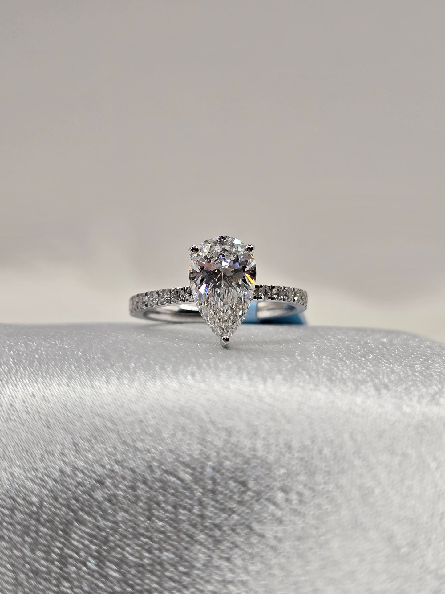 14K WG 2.40 CTW (2 Carat Pear Center) F/VS+ Lab Grown Diamond Engagement Ring - Non-Certified