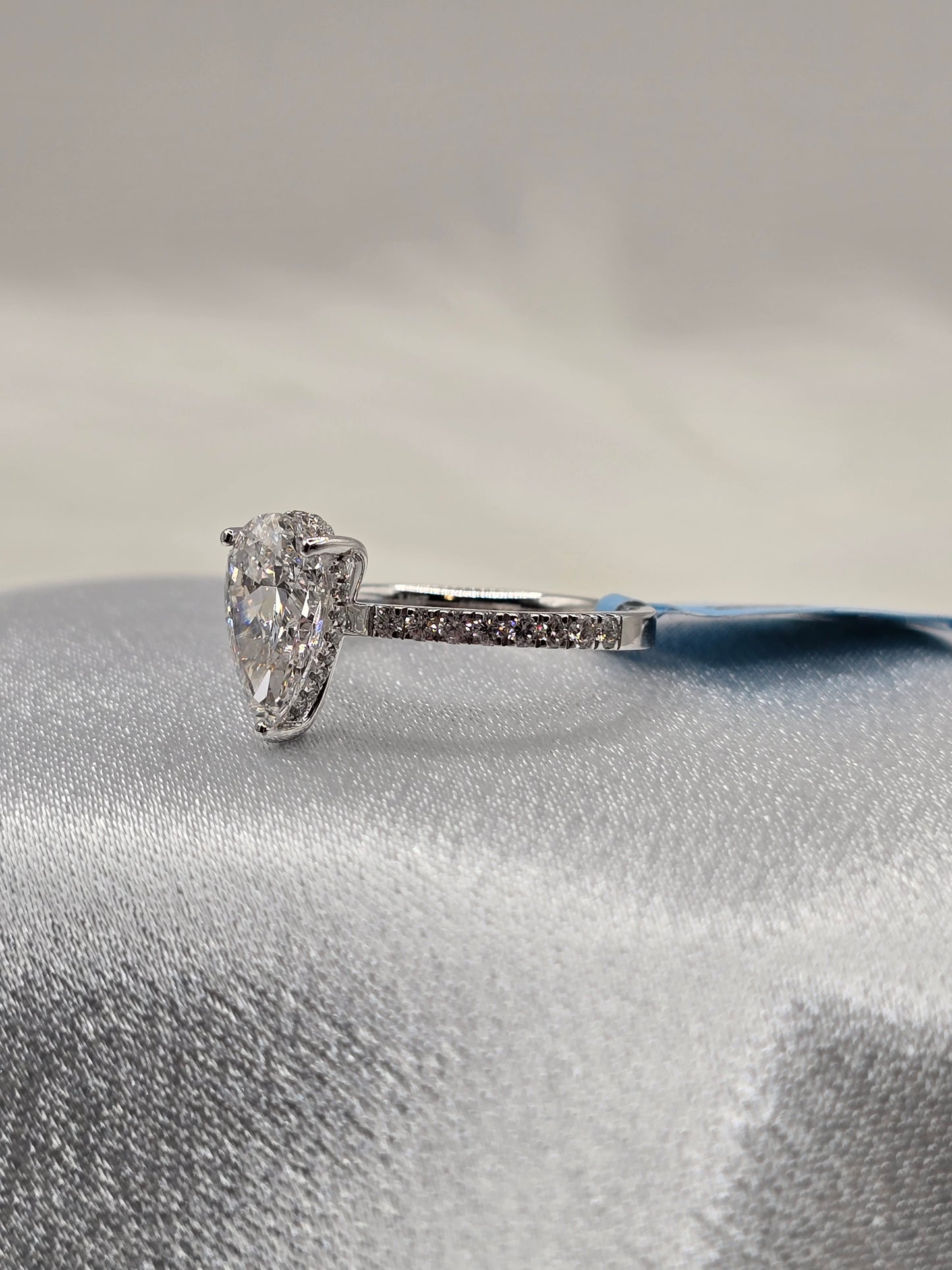 14K WG 2.40 CTW (2 Carat Pear Center) F/VS+ Lab Grown Diamond Engagement Ring - Non-Certified