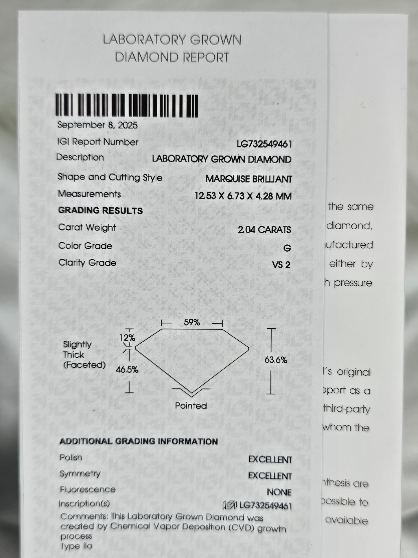 Loose 2.04 Ct G/VS2 Marquise Lab Diamond - IGI Certified