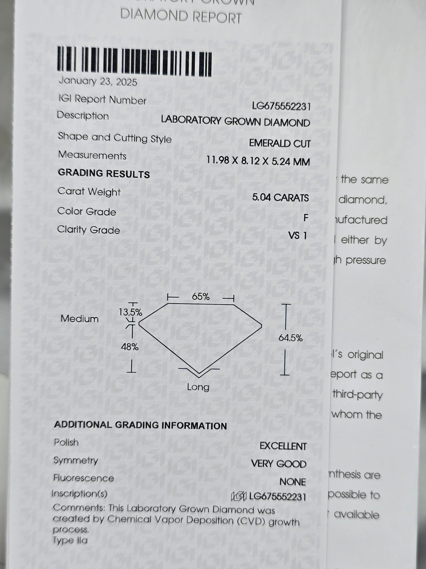 Loose 5.04 Ct F/VS1 Emerald Cut Lab Diamond - IGI Certified