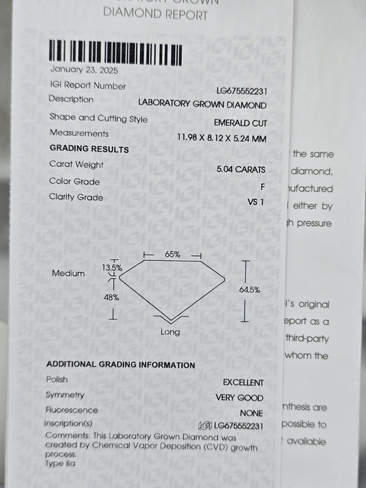 Loose 5.04 Ct F/VS1 Emerald Cut Lab Diamond - IGI Certified