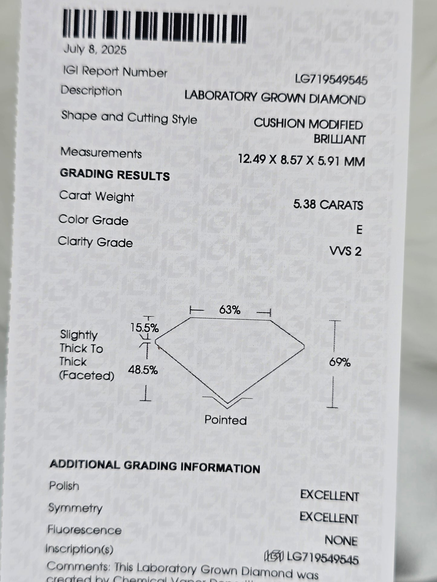 Loose 5.38 Ct E/VVS2 Elongated Cushion Lab Diamond - IGI Certified