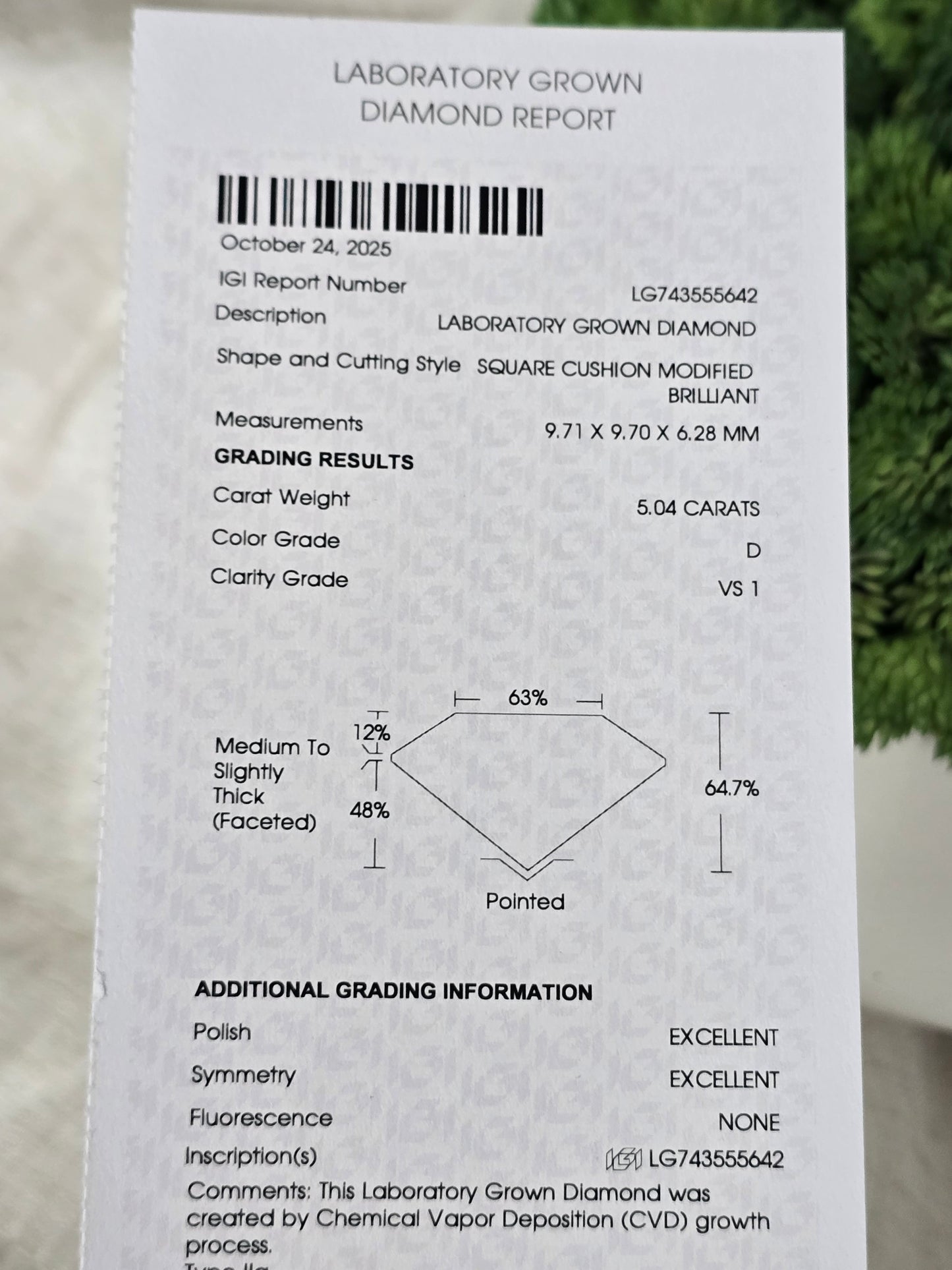 Loose 5.04 ct D/VS1 Square Cushion Lab Diamond - IGI Certified