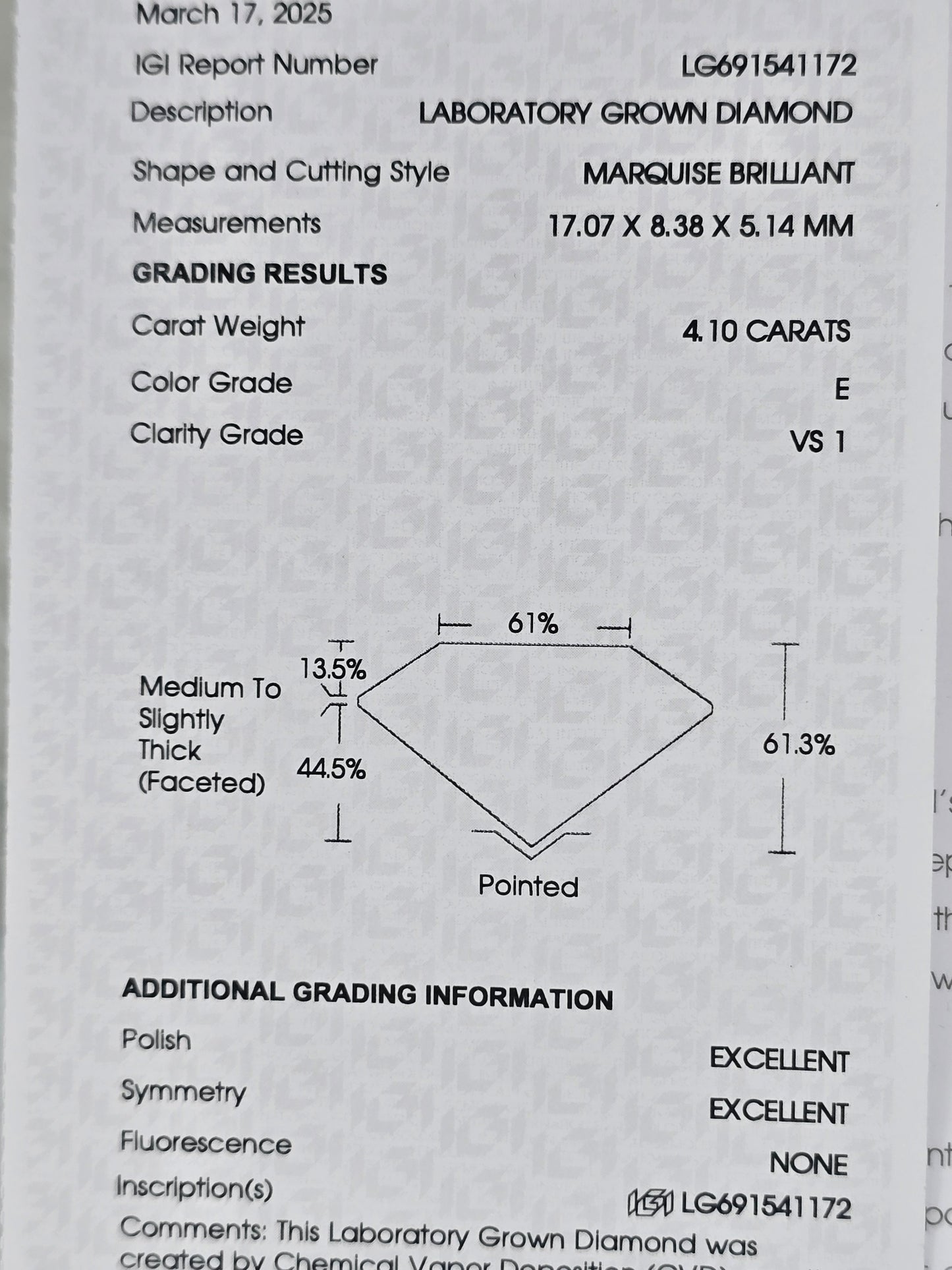Loose 4.01 Ct F/VS1 Oval Lab Diamond - IGI Certified