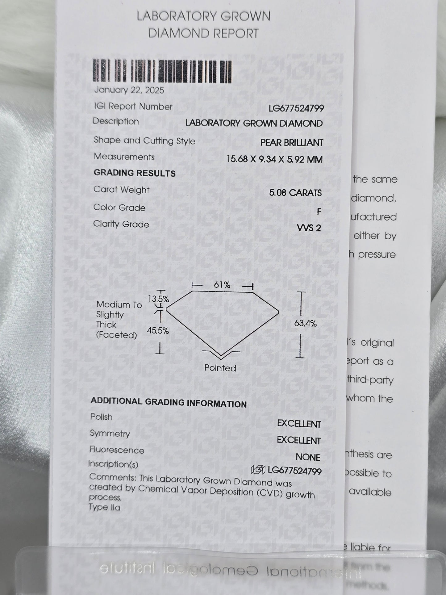 Loose 5.08 Ct F/VVS2 Pear Lab Diamond - IGI Certified