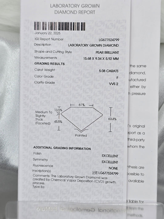 Loose 5.08 Ct F/VVS2 Pear Lab Diamond - IGI Certified