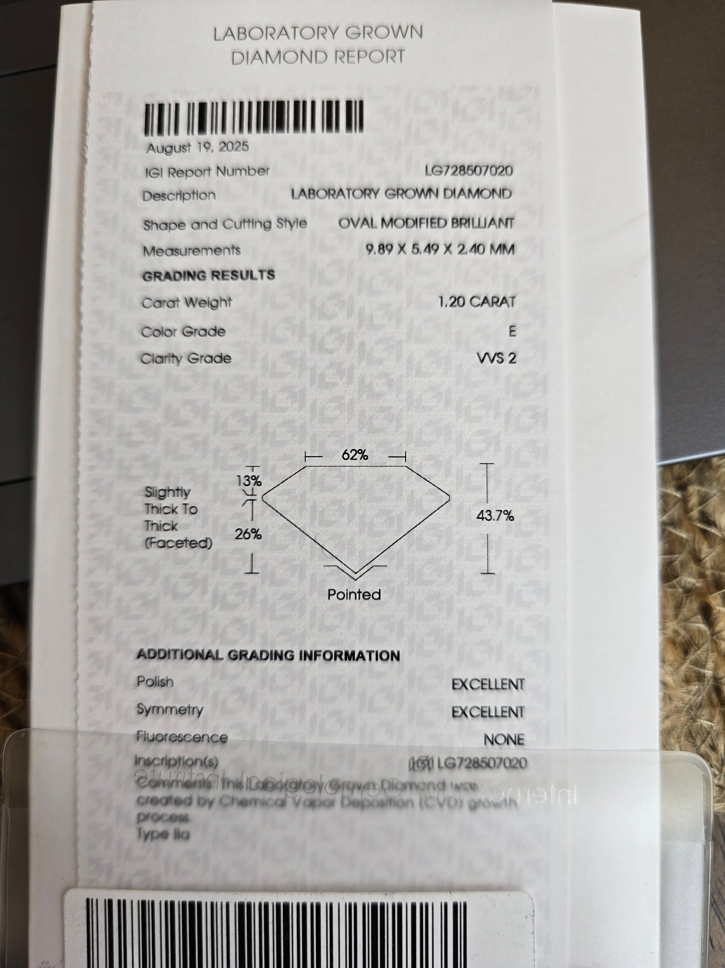 Loose 1.20 ct E/VVS2 Rose Cut Oval Lab Diamond - IGI Certified