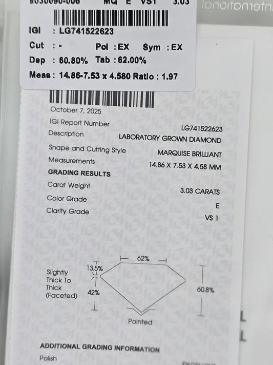 Loose 3.03 Ct E/VS1 Marquise Lab Diamond - IGI Certified