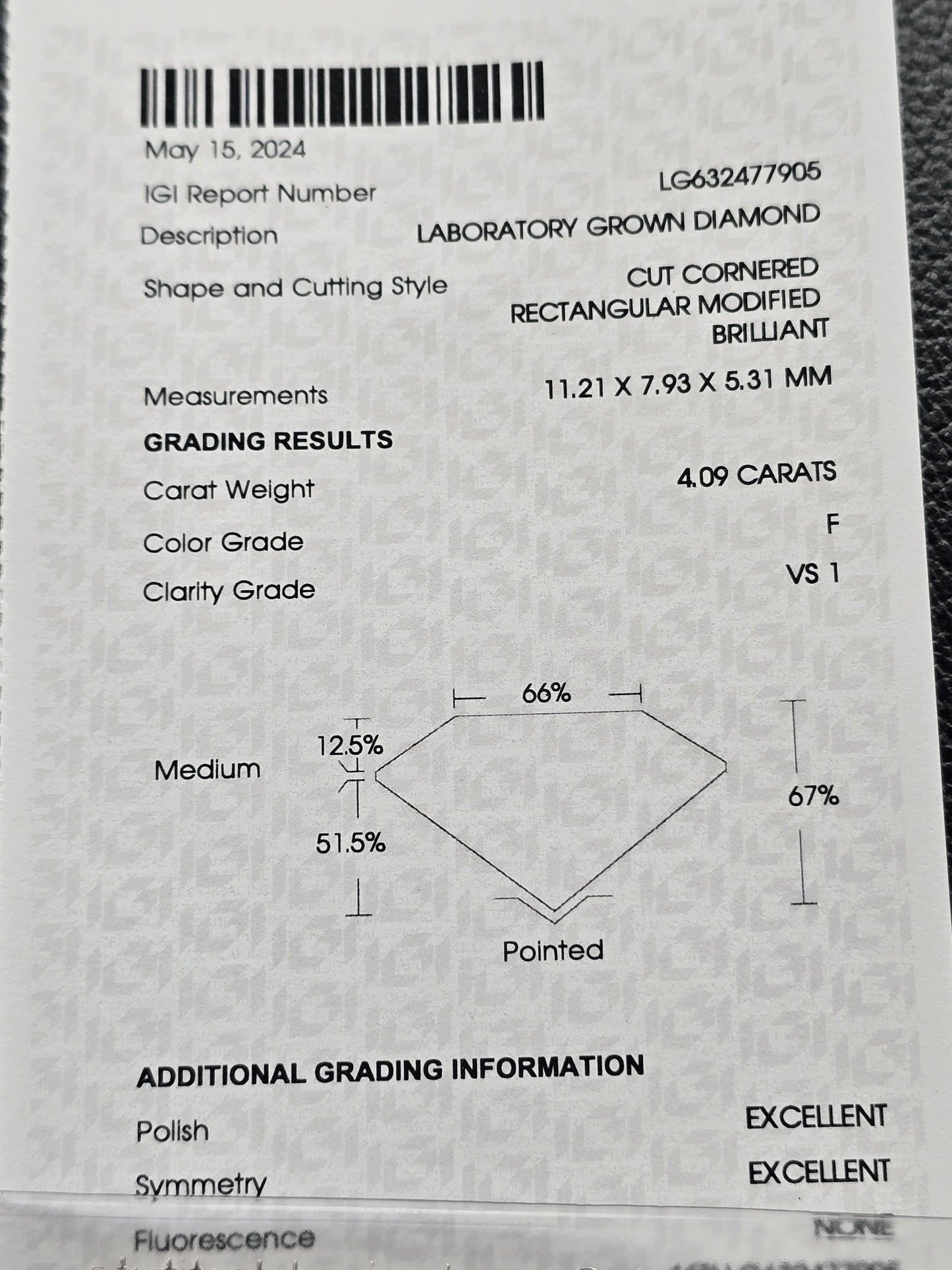 Loose 4.09 Ct F/VS1 Radiant Cut Lab Grown Diamond IGI Certified