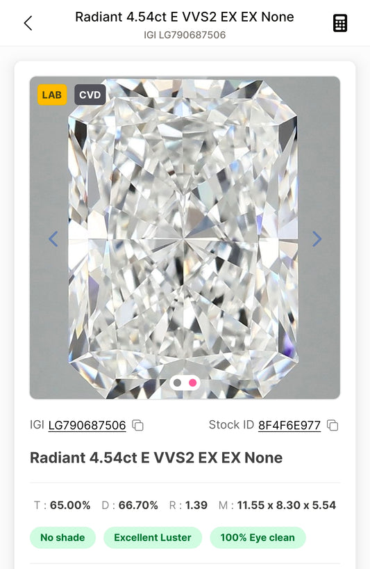 14K Setting Dbl Claw Prongs/4.54 ct E/VVS2 Radiant Lab Diamond
