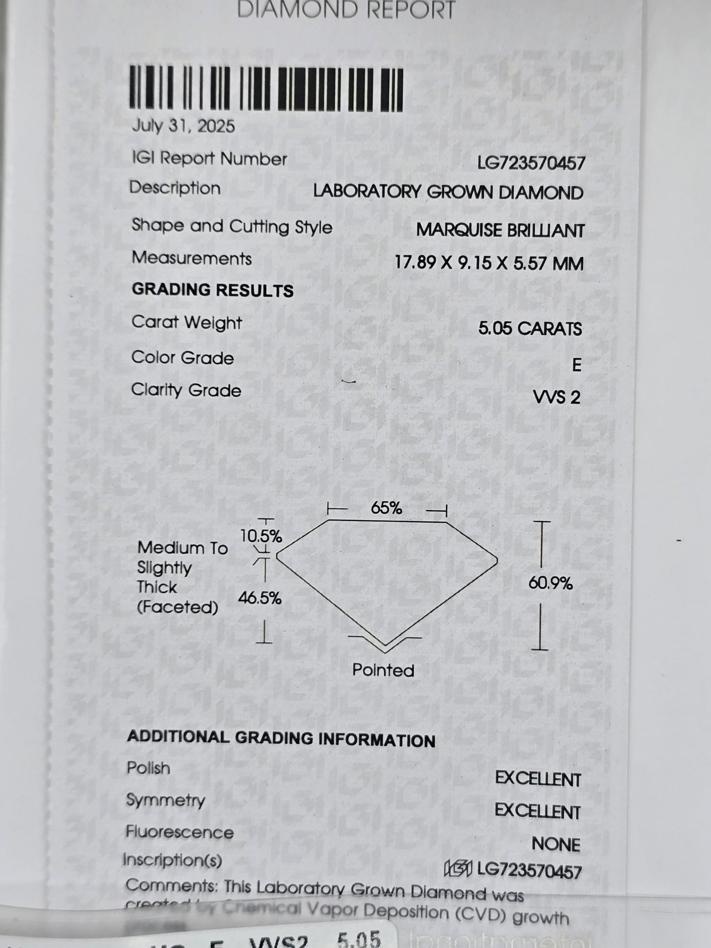 Loose 5.05 Ct E/VVS2 Marquise Lab Diamond - IGI Certified