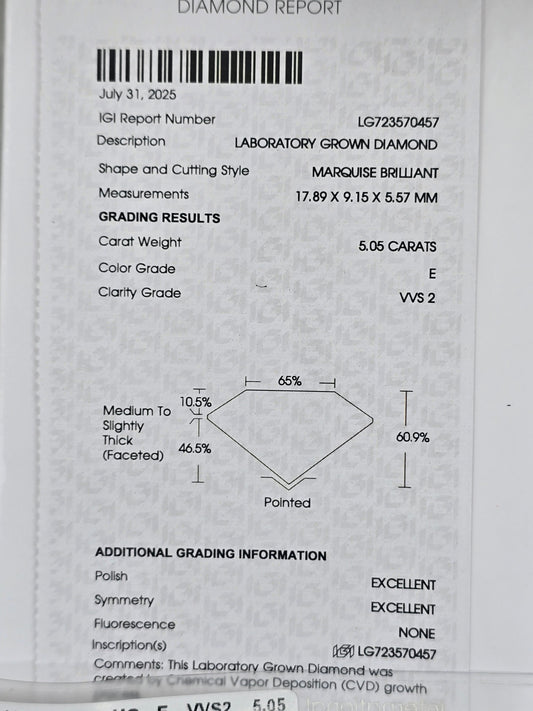 Loose 5.05 Ct E/VVS2 Marquise Lab Diamond - IGI Certified