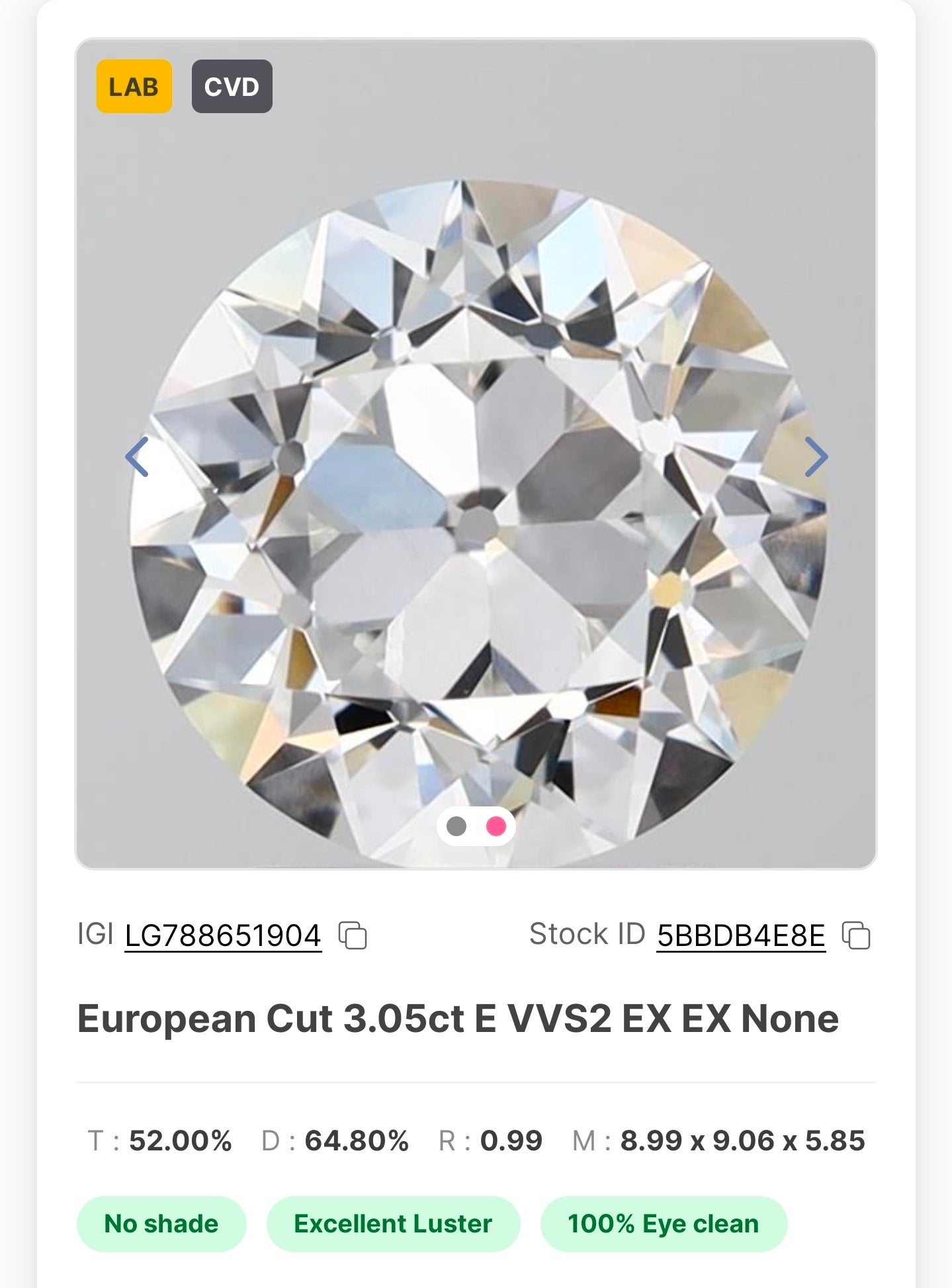 Loose 3.05 ct OEC E/VVS2 Lab Diamond - IGI Certified