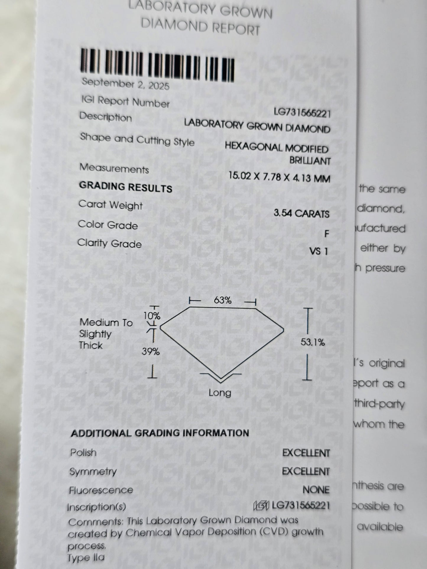 Loose 3.54 ct F/VS1 Crisscut Hexagon Lab Diamond - IGI Certified