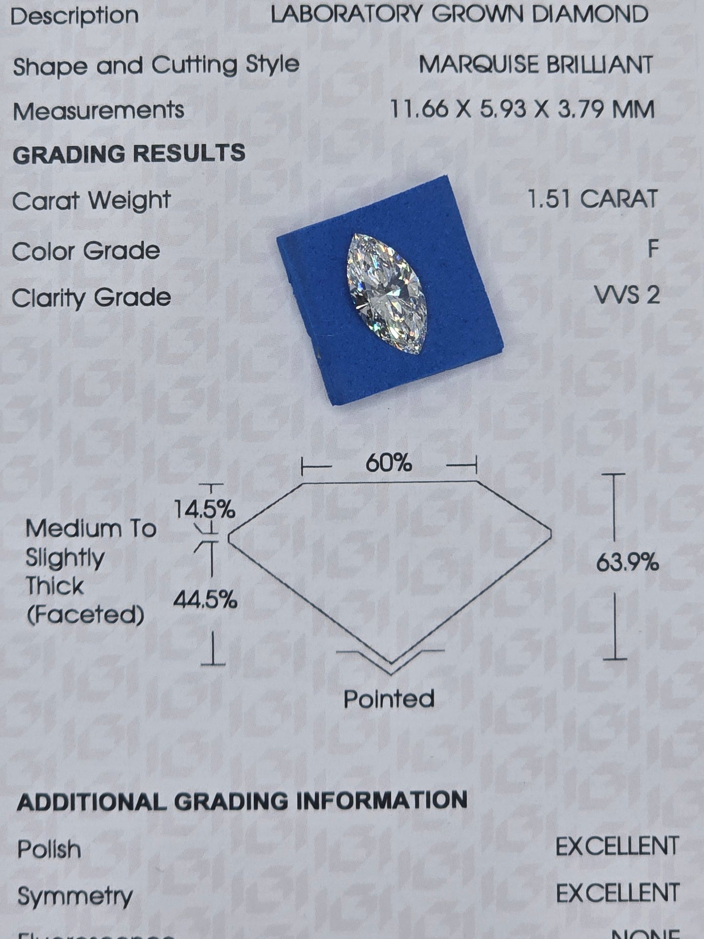 Loose 1.51 Ct F/VVS2 Marquise Brilliant Cut Lab Grown Diamond - IGI Certified