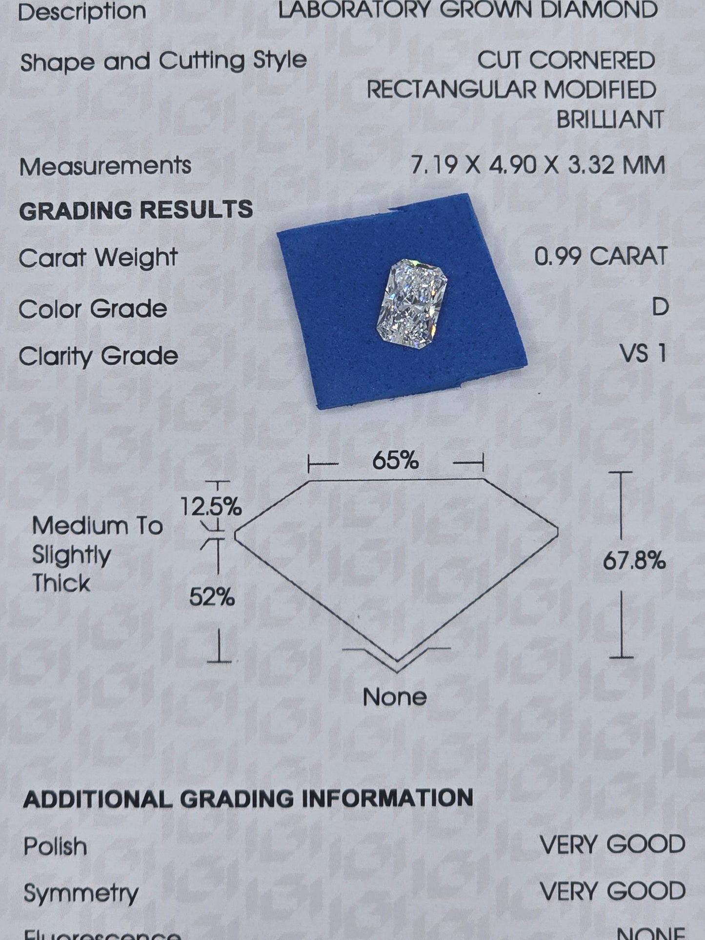 Loose 0.99 Ct D/VS1 Radiant Cut Lab Grown Diamond - IGI Certified