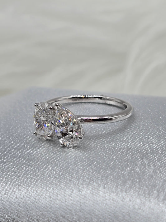 2.00 CTW Toi Et Moi Lab Diamond Ring - 1 Carat Pear/Oval Each - 14K White Gold - Non-Certified