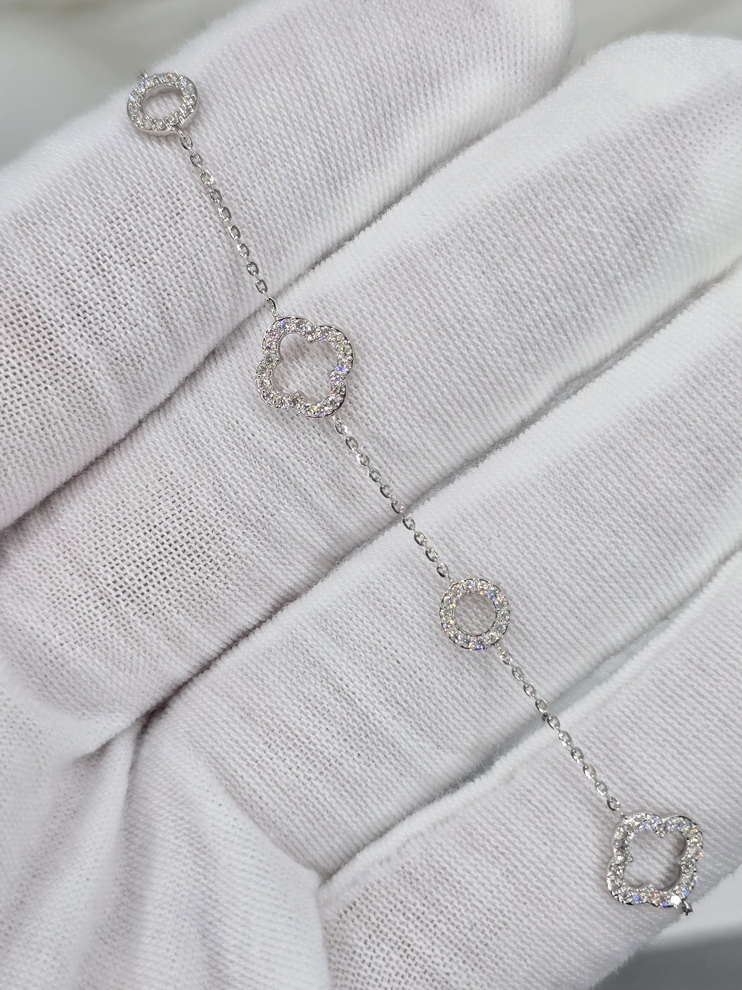 14K White Gold 0.34 CTW Natural Diamond Bracelet Clover Design - 6.5" - 7.5"