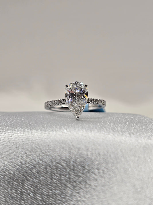14K WG 2.40 CTW (2 Carat Pear Center) F/VS+ Lab Grown Diamond Engagement Ring - Non-Certified
