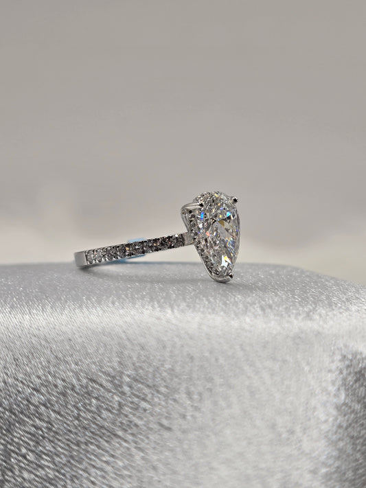 14K WG 2.40 CTW (2 Carat Pear Center) F/VS+ Lab Grown Diamond Engagement Ring - Non-Certified