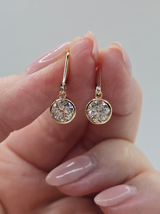 14K Gold 2 CTW Bezel Set Dangle Earrings - Non-Certified