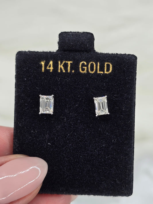 1 CTW Emerald Cut Lab Grown Diamond Stud Earrings 14K White Gold - Non-Certified
