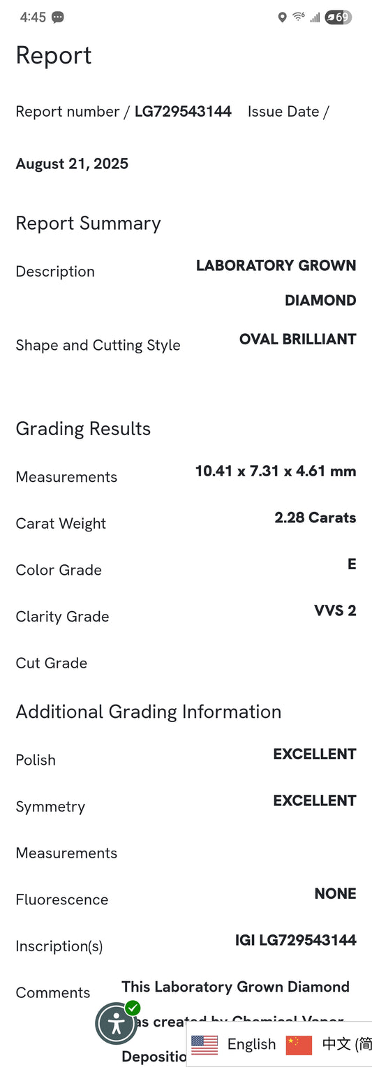 Loose 2.28 Ct E/VVS2 Oval Lab Grown Diamond - IGI Certified