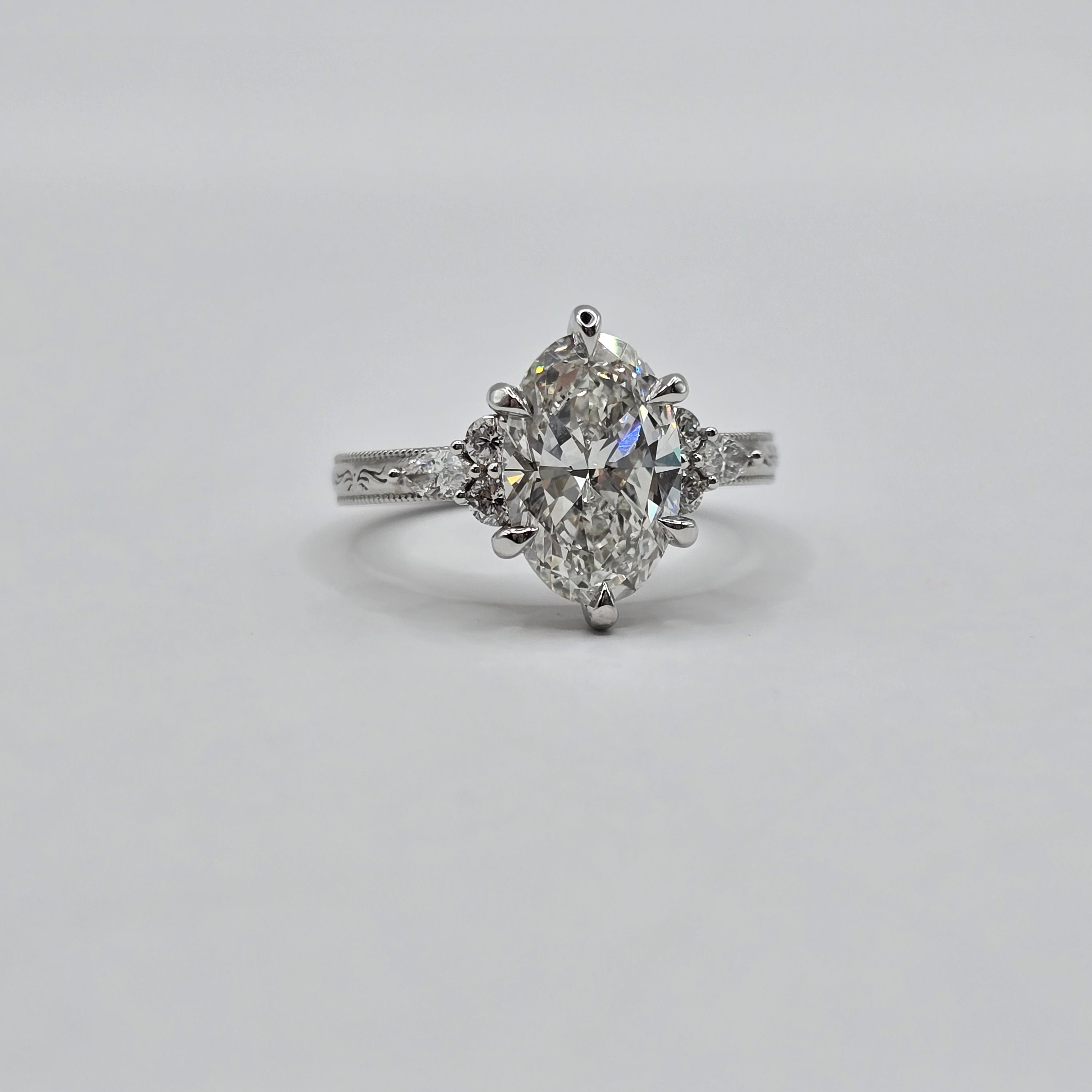 10KW Custom "Camellia" Eng Ring 2.50 ct E/VS1 Oval Lab Diamond - IGI Certified