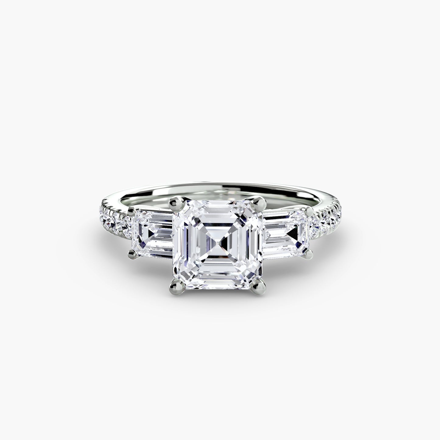 The "Cecelia" Three-Stone Ring with Baguette and Pavé Band