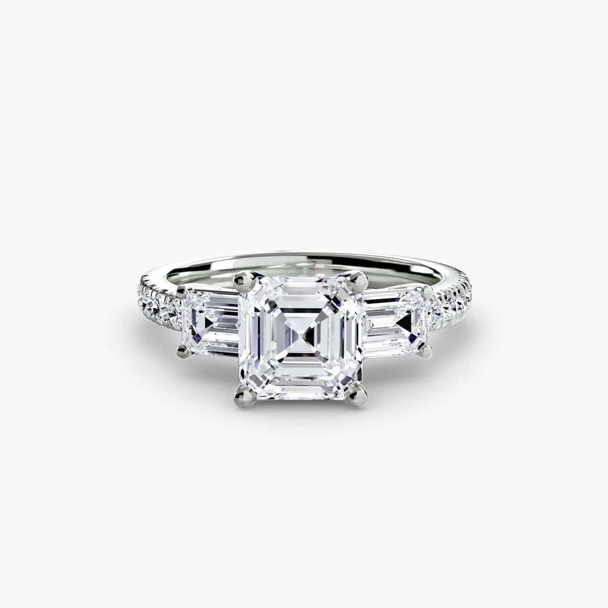 The "Cecelia" Three-Stone Ring with Baguette and Pavé Band