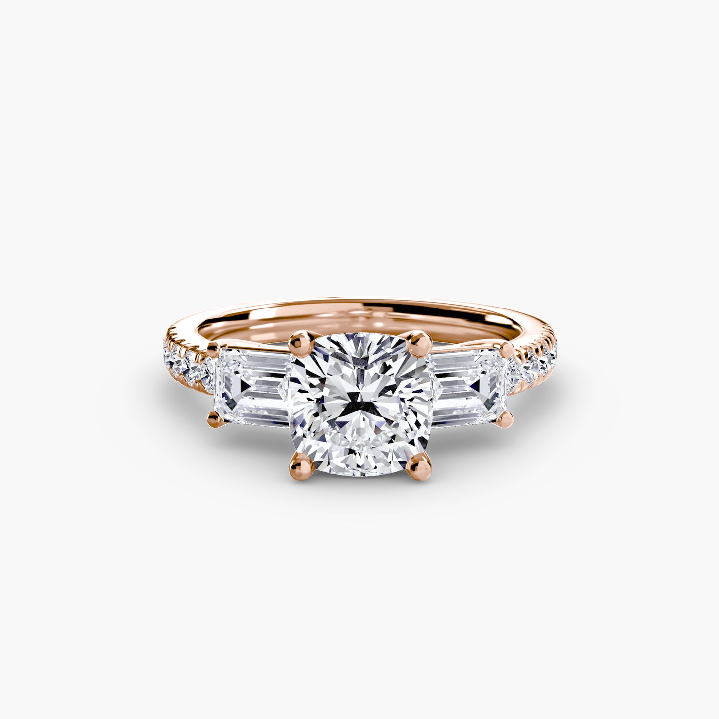 The "Cecelia" Three-Stone Ring with Baguette and Pavé Band