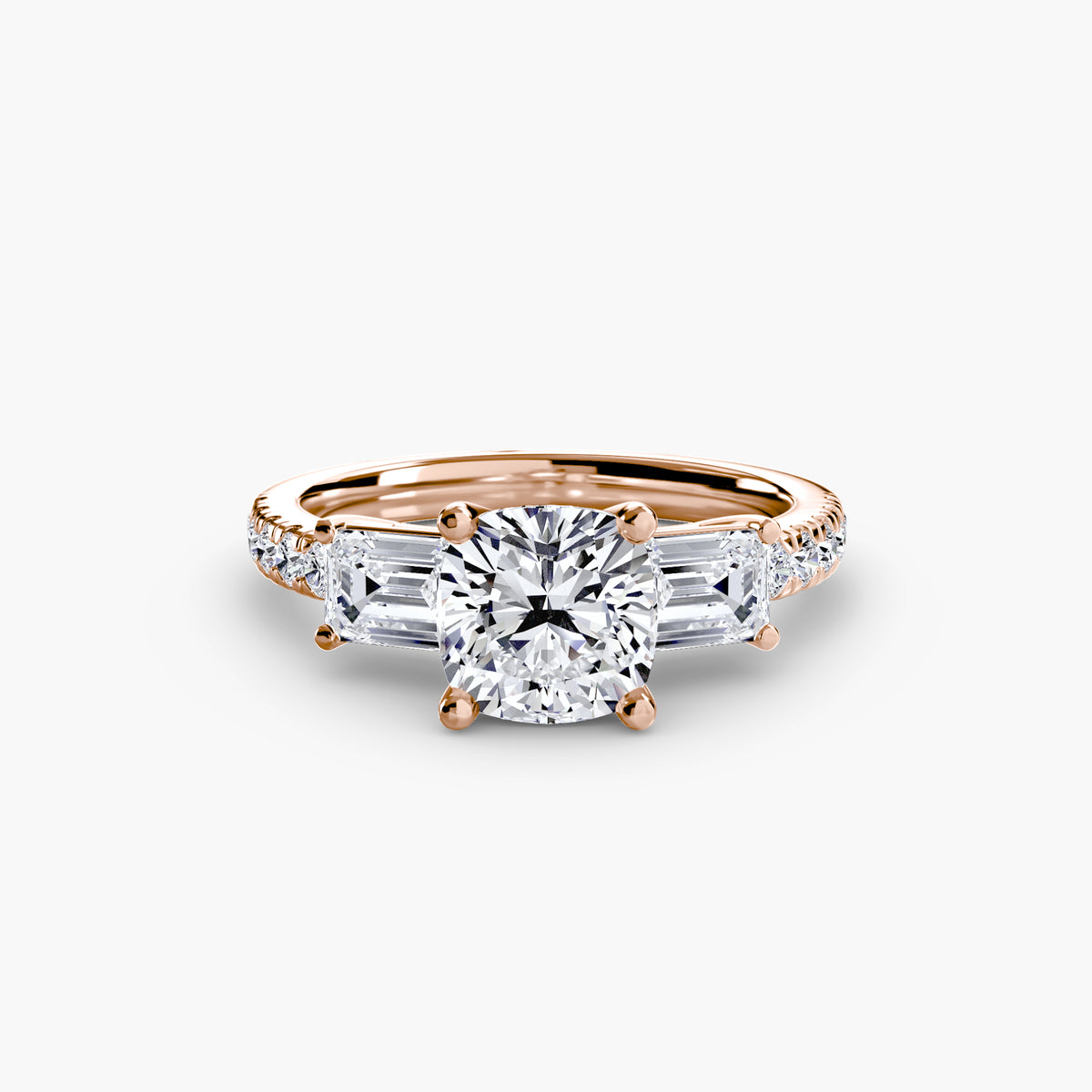 The "Cecelia" Three-Stone Ring with Baguette and Pavé Band