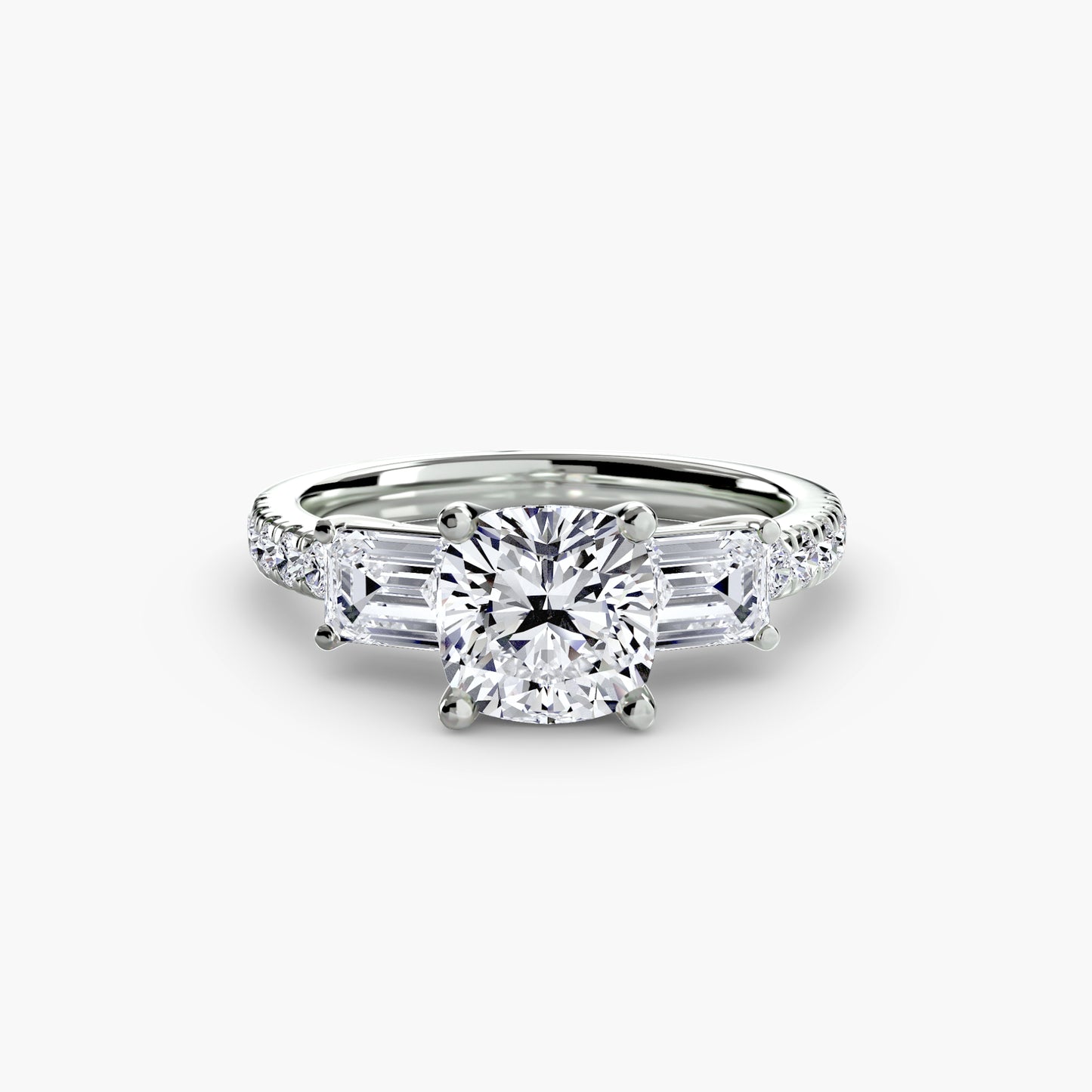 The "Cecelia" Three-Stone Ring with Baguette and Pavé Band