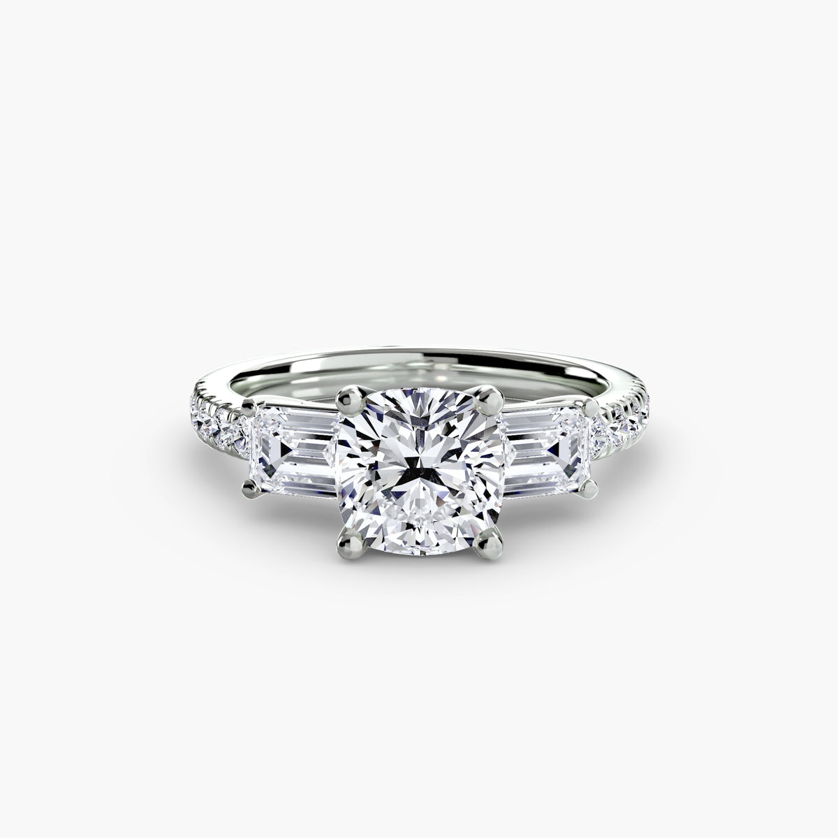 The "Cecelia" Three-Stone Ring with Baguette and Pavé Band