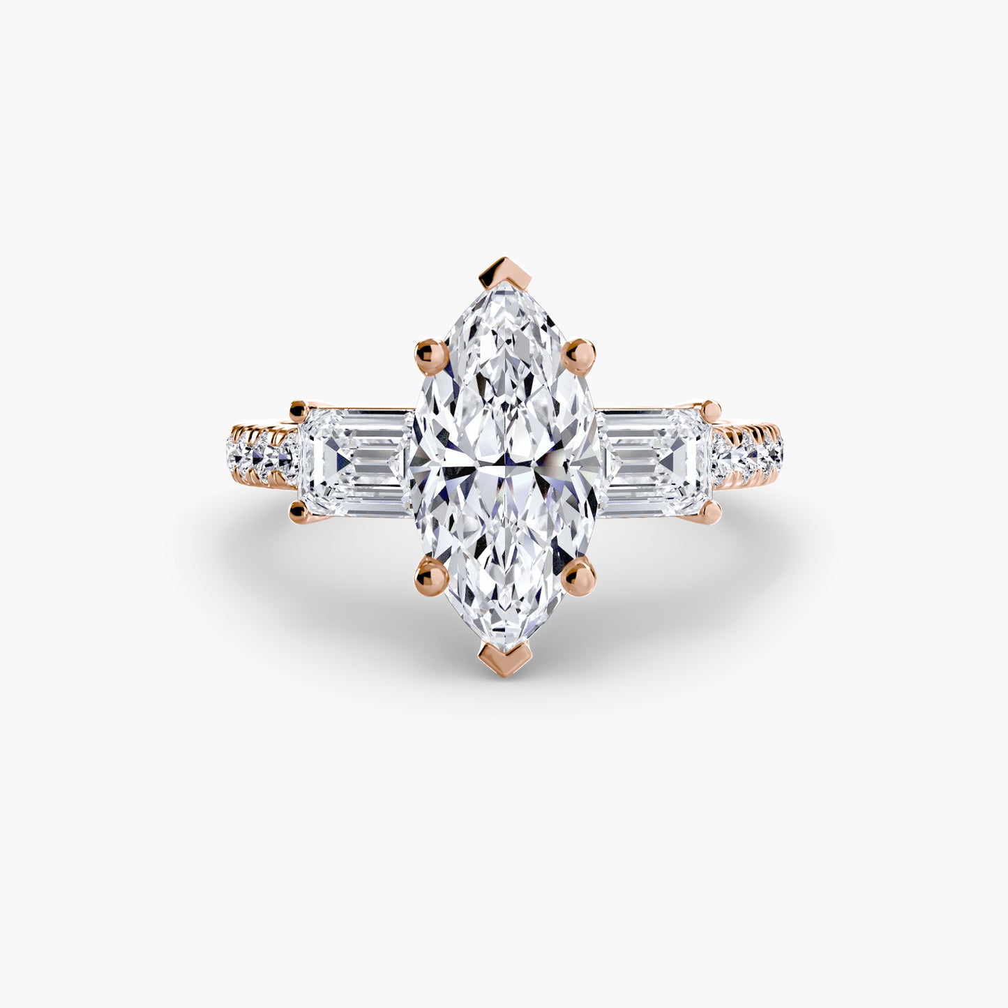 The "Cecelia" Three-Stone Ring with Baguette and Pavé Band