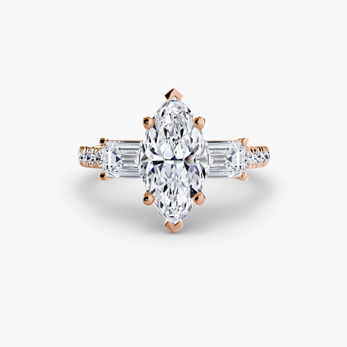 The "Cecelia" Three-Stone Ring with Baguette and Pavé Band