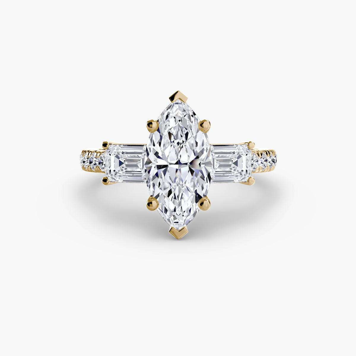 The "Cecelia" Three-Stone Ring with Baguette and Pavé Band