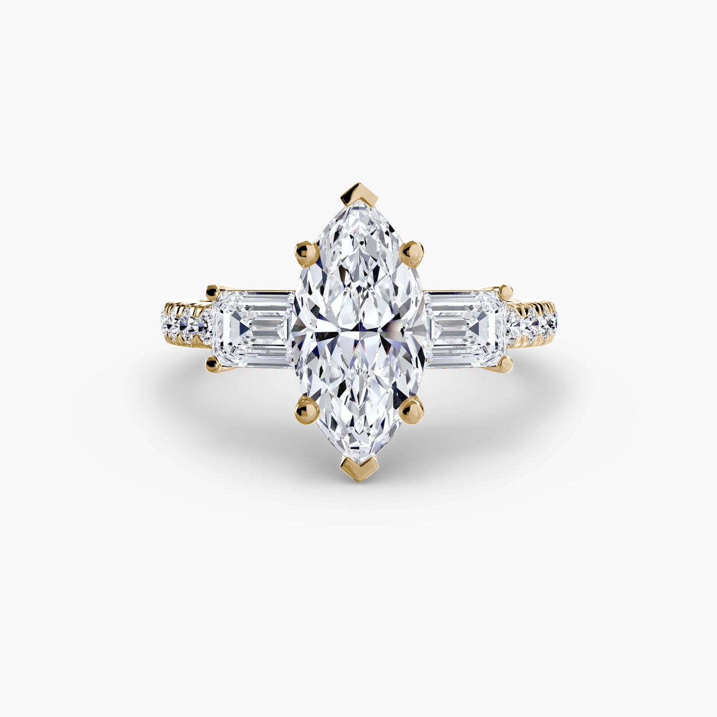 The "Cecelia" Three-Stone Ring with Baguette and Pavé Band