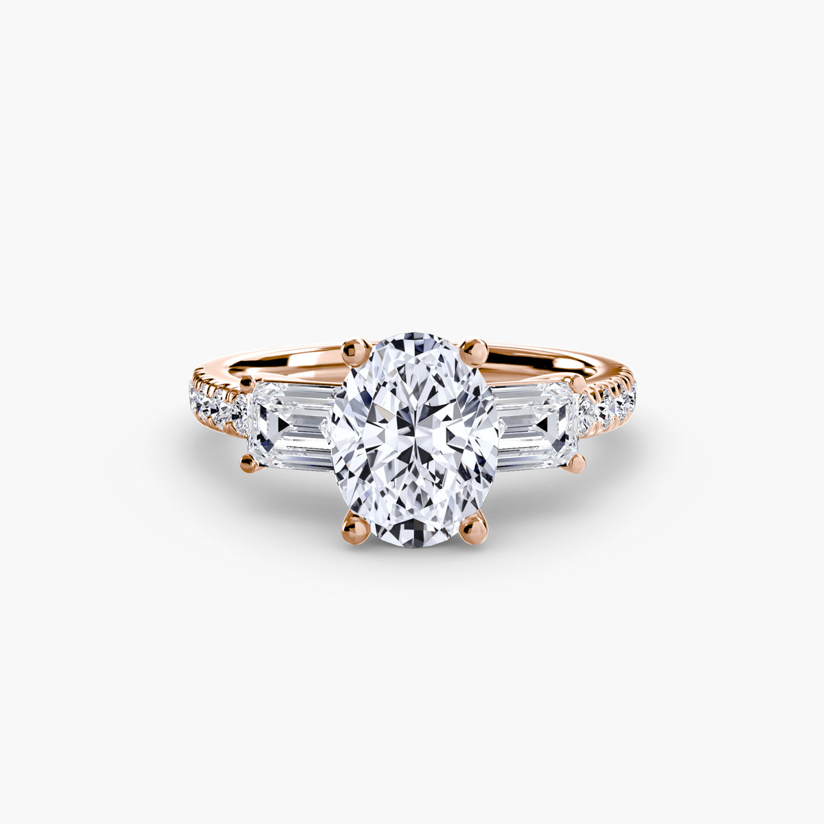 The "Cecelia" Three-Stone Ring with Baguette and Pavé Band