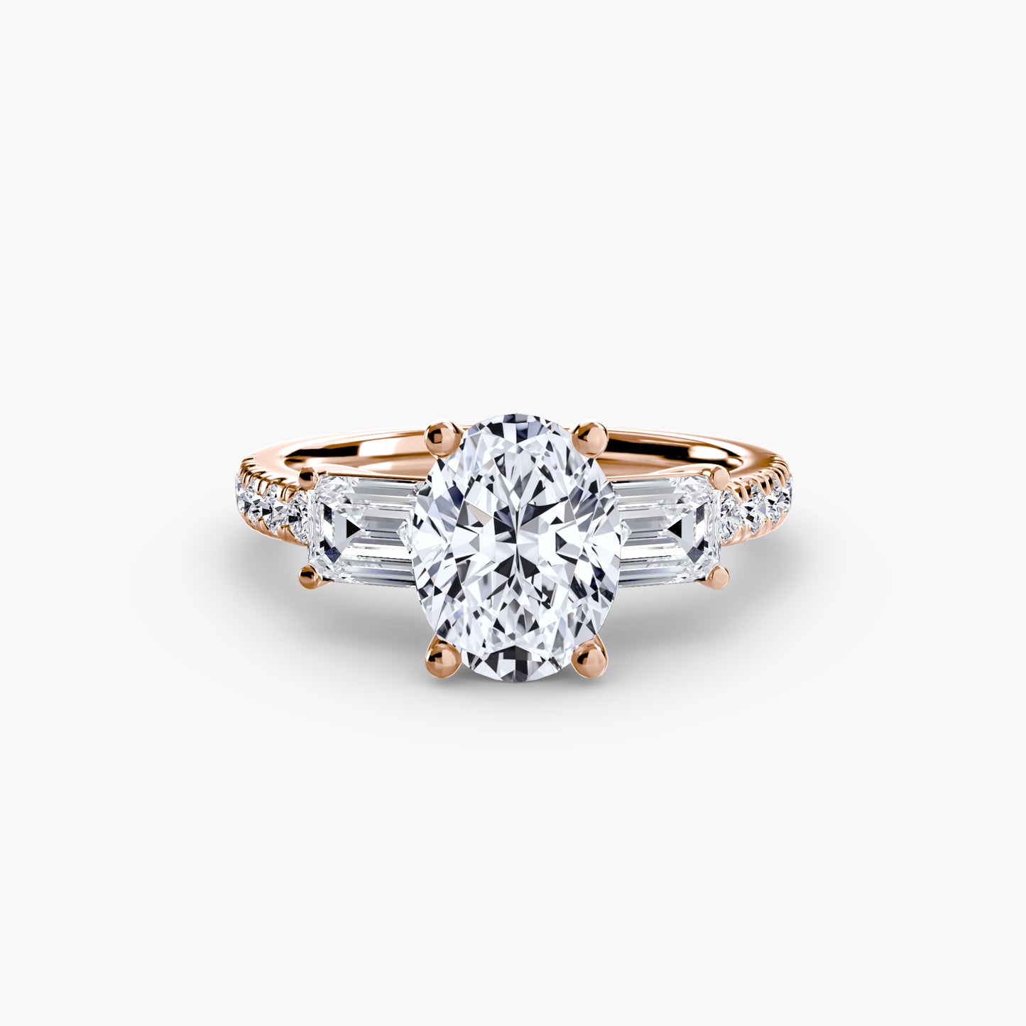The "Cecelia" Three-Stone Ring with Baguette and Pavé Band
