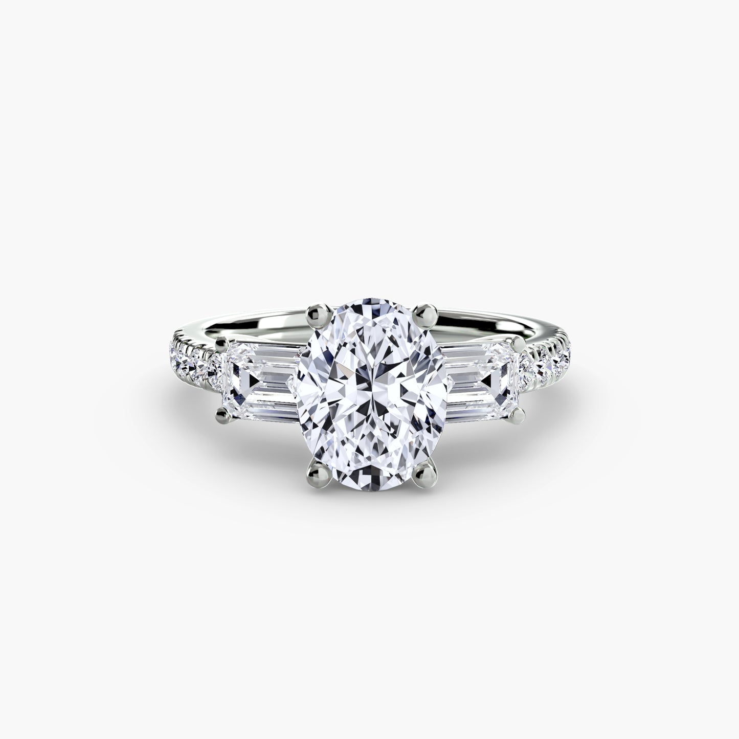 The "Cecelia" Three-Stone Ring with Baguette and Pavé Band