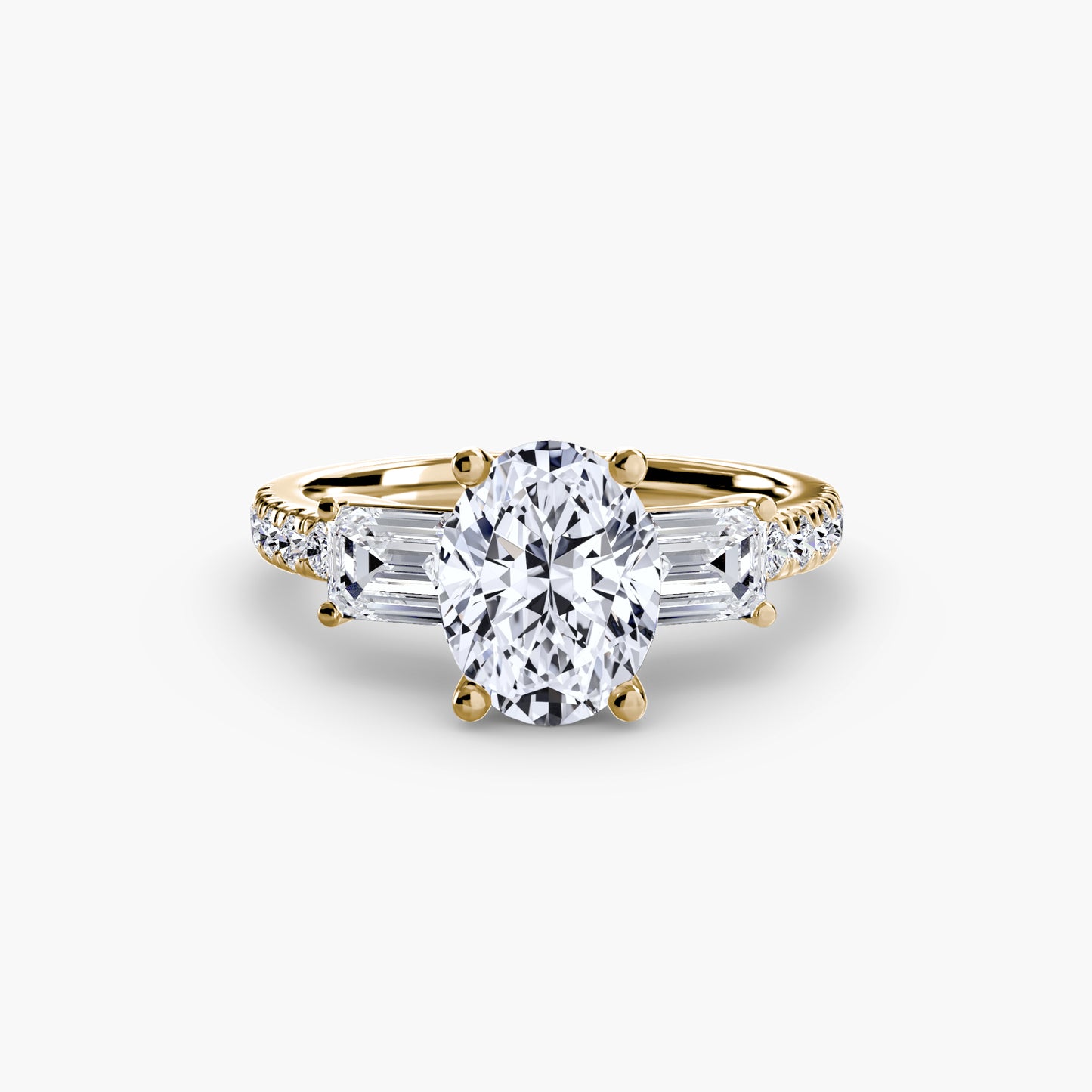 The "Cecelia" Three-Stone Ring with Baguette and Pavé Band