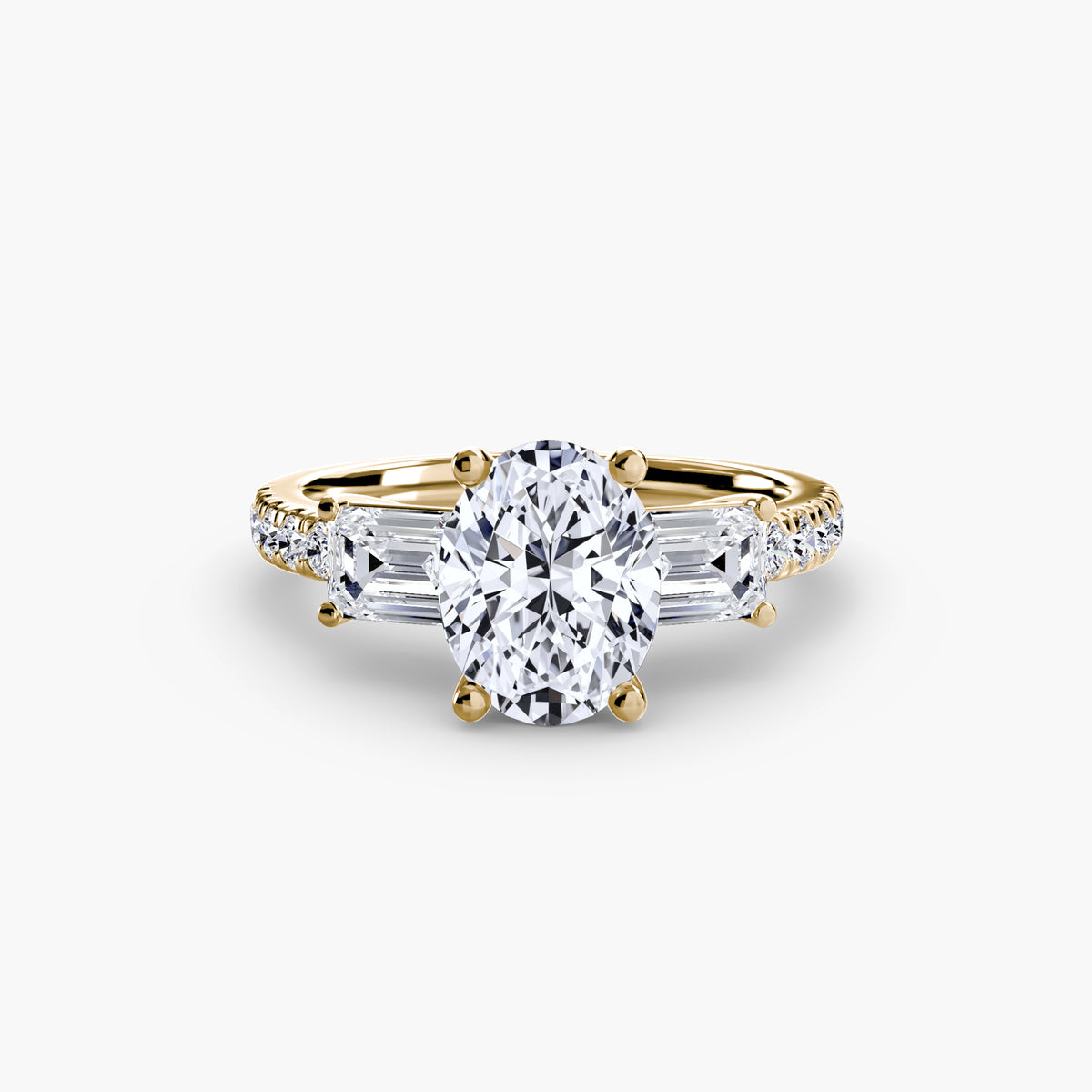 The "Cecelia" Three-Stone Ring with Baguette and Pavé Band