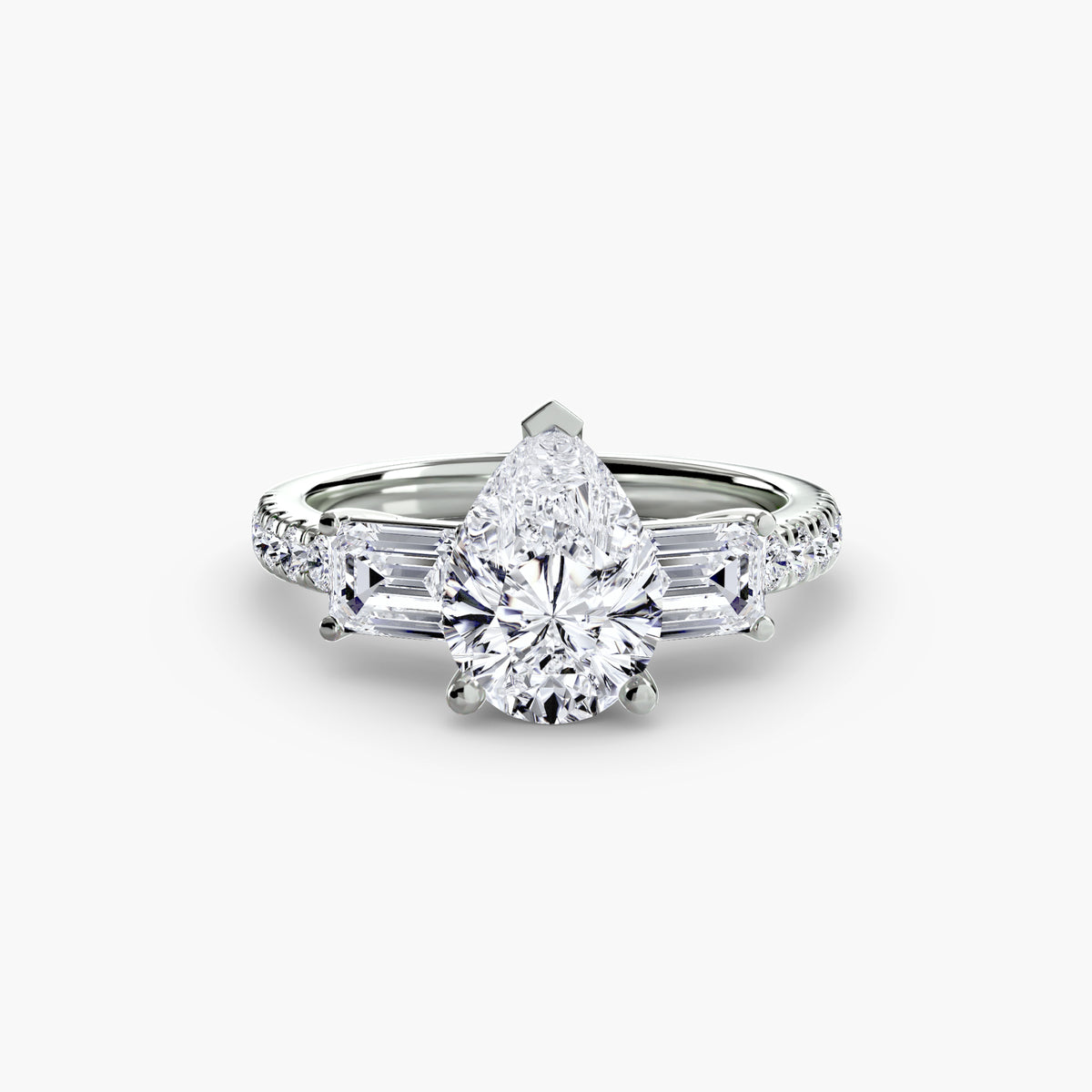 The "Cecelia" Three-Stone Ring with Baguette and Pavé Band